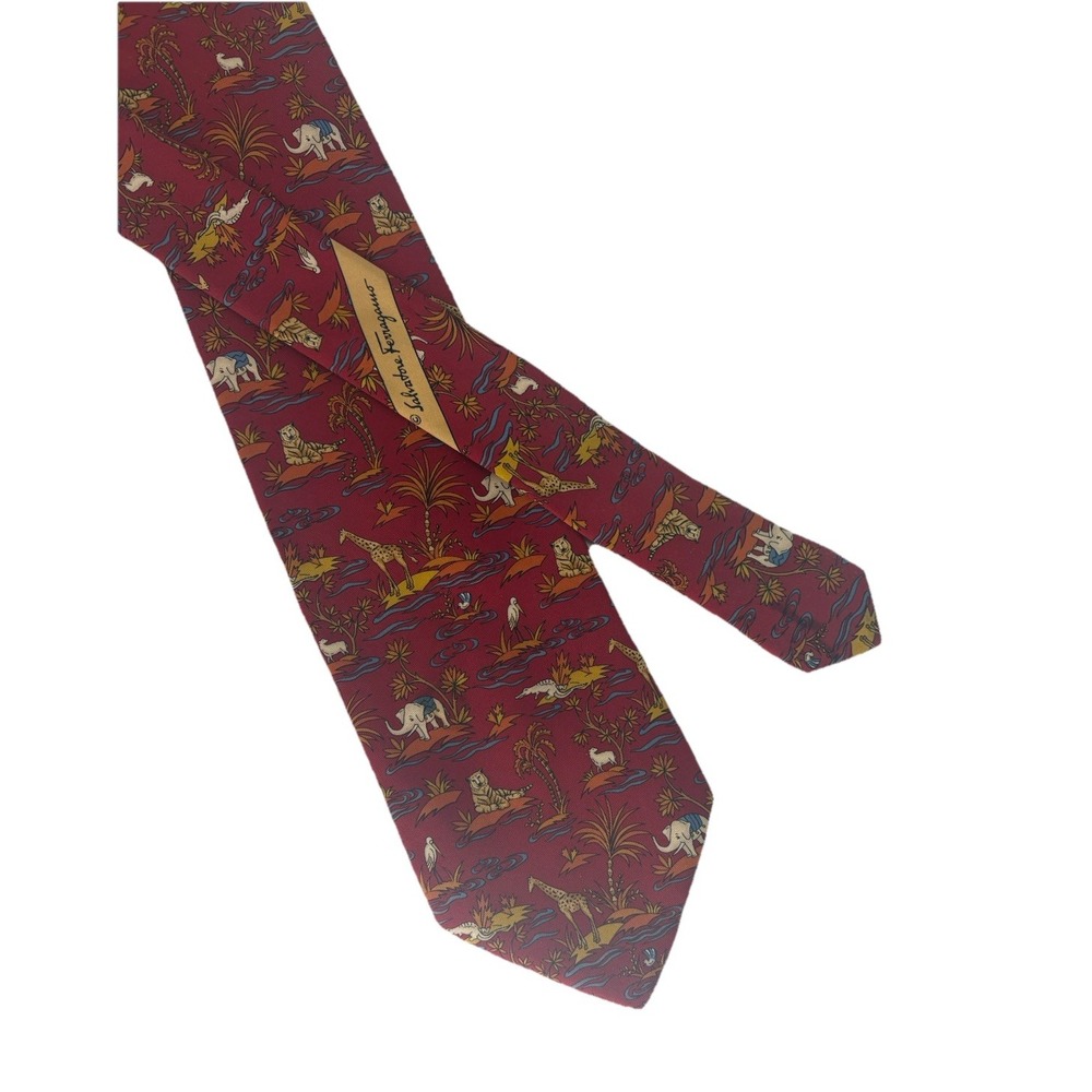 Salvatore Ferragamo Silk Tie Red Safari Jungle Elephants Giraffes Italy 59"